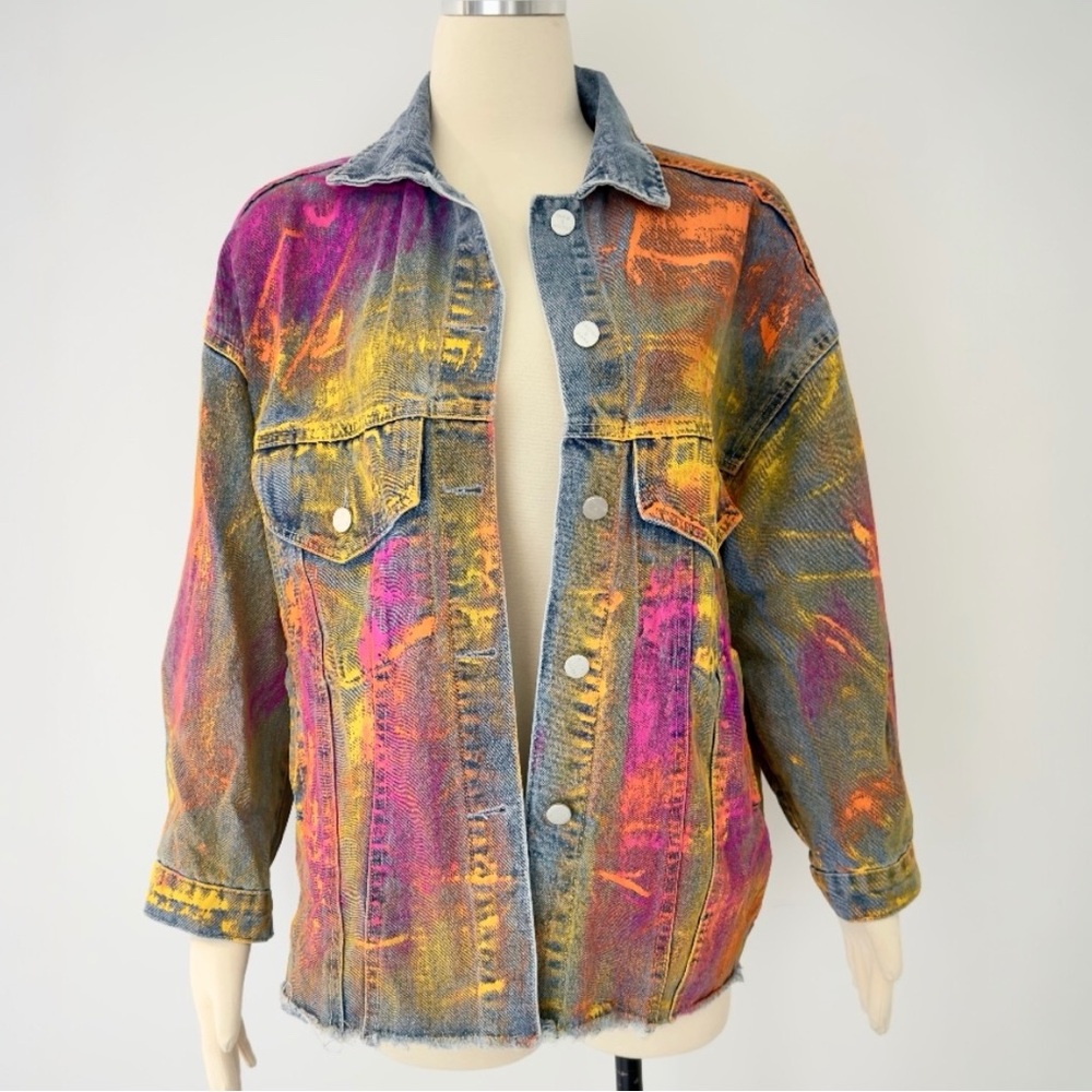 Beulah Splattered Paint Pollock Painted Oversized Distressed Denim Jean Jacket - Picture 12 of 16